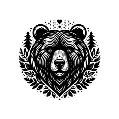 Stylized Black and White Bear Head with Forest Elements.