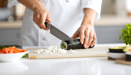Chef's hands expertly slicing a sushi roll on a kitchen counter.