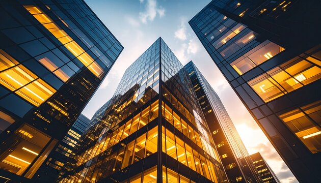 A low-angle view of towering glass skyscrapers in a modern business district at sunset, with golden light reflecting on the facade.