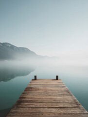 Fototapeta premium Serene morning reflection on a wooden pier tranquil lake photography natural landscape atmospheric view