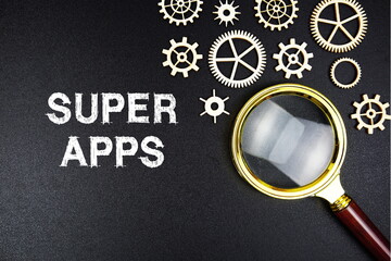 Super Apps text message with magnifying glass on black background