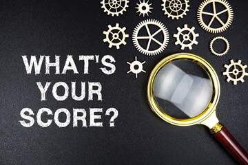 What's Your Score? text message with magnifying glass on black background