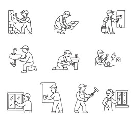 Set of icons of people working professions plumber painter builder
