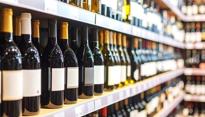 Rows of wine bottles on shelves in a store