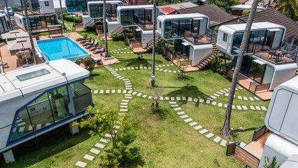 Modern hotel modular buildings with swimming pool in tropical area