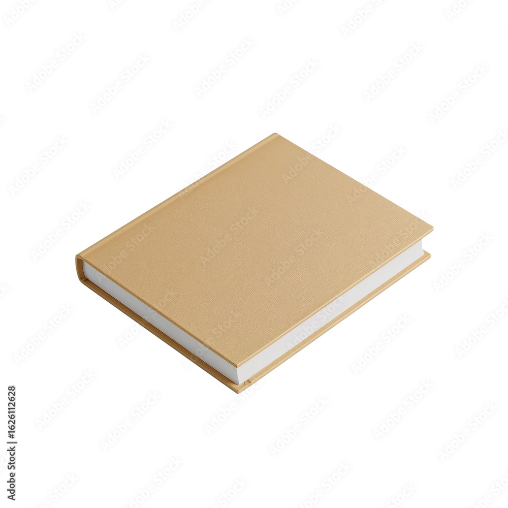 Poster elegantly positioned, beige-covered book casting subtle shadows on a stark transparent setting for