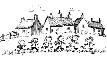 Children running through a village