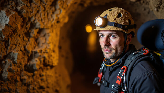 Male caver wearing helmet and headlamp in underground tunnel  