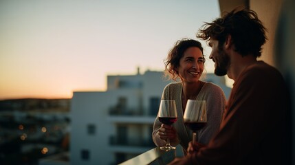 A couple smiles while sipping wine on a balcony at sunset, creating a warm and romantic atmosphere.
