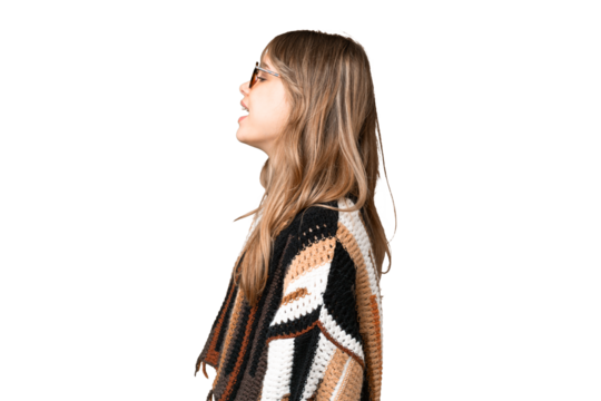 Young girl over isolated chroma key background laughing in lateral position