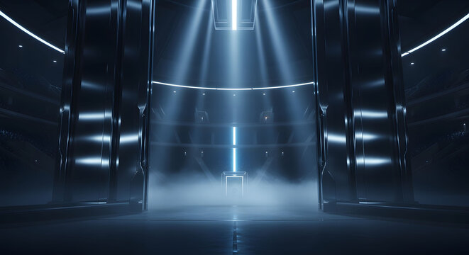 Futuristic Dark Blue Arena with Glowing Neon Lights and Fog