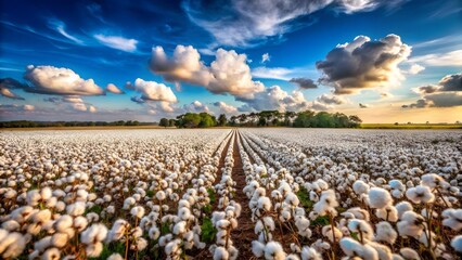 Vast cotton field under a dramatic sky with golden hour sunlight and fluffy clouds, showcasing agricultural beauty
