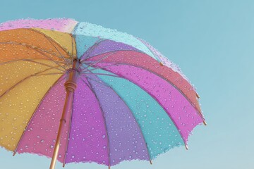 A wet surface serves as the resting place for a colorful umbrella after a rain, with its hues vibrant and raindrops reflecting in the light