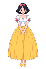 Fototapeta premium 白雪姫の象徴的な赤いリボンと青×黄色のドレスを身にまとった少女の手描きアニメ風イラスト。童話の世界を彷彿とさせるメルヘンで幻想的な雰囲気が魅力の創作素材。