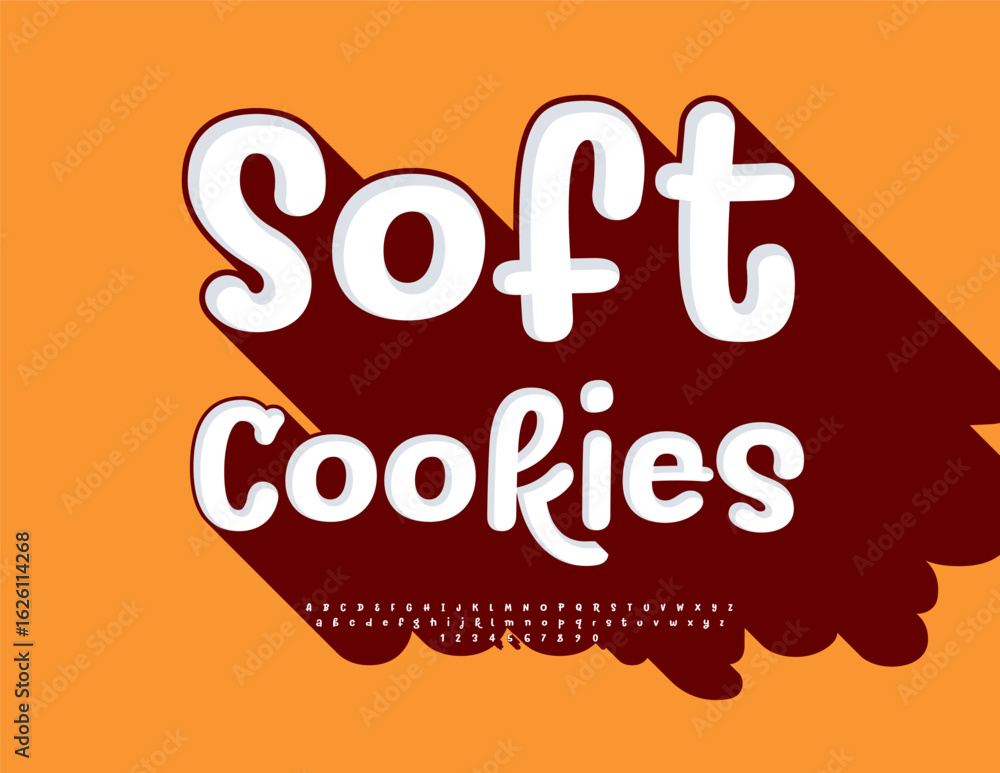 Poster vector bright sticker soft cookies. playful font with big brown shadow. funny alphabet letters and n