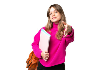 Young student girl over isolated chroma key background shaking hands for closing a good deal