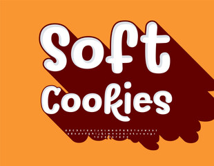 Vector Bright sticker Soft Cookies. Playful Font with Big Brown Shadow. Funny Alphabet Letters and Numbers set.