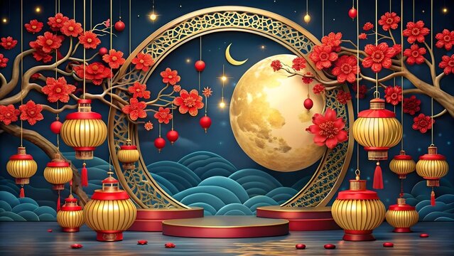 A vibrant chinese new year celebration scene with red lanterns, blooming flowers, and a full moon framed by an ornate golden archway - Powered by Adobe