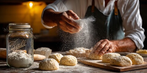 Baker sprinkling flour on freshly made dough for baking cakes