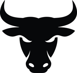 Powerful black silhouette of a fierce bull head with large curved horns and intense eyes