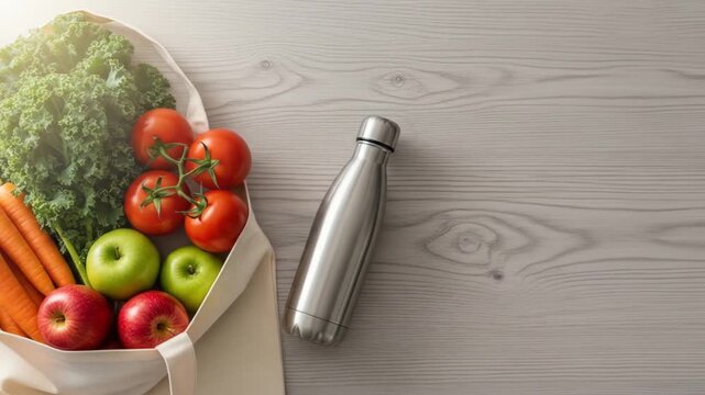 Eco-Friendly Grocery Shopping: Reusable Bag with Fresh Organic Produce and Stainless Steel Water Bottle on Wood Background, Promoting Healthy and S...