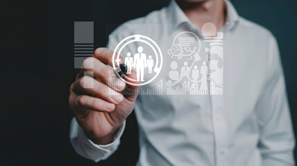 Man in White Shirt Drawing Business Strategy Diagram on Digital Interface