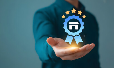 Quality Home Seal of Approval: A person presents a digital seal, signifying a high standard in real estate. This image symbolizes the pinnacle of quality.