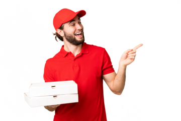 pizza delivery man with work uniform picking up pizza boxes over isolated chroma key background pointing finger to the side and presenting a product