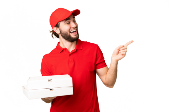 pizza delivery man with work uniform picking up pizza boxes over isolated chroma key background pointing finger to the side and presenting a product