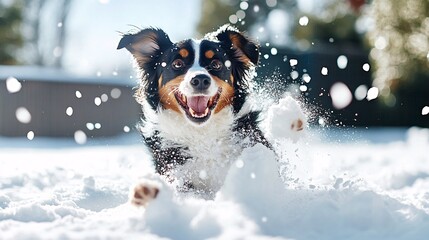 Happy Dog Running Through Snow in Winter Wonderland Scene