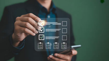 Task Accomplished: A professional hand digitally checks a list. The scene portrays meticulous focus and task completion. 