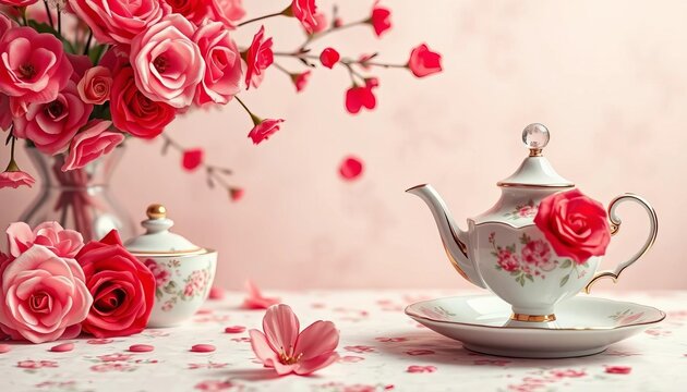 Elegant red & pink floral tea party background, vintage whimsical Valentine's design, party, stylish