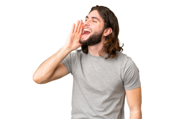 Young handsome man over isolated chroma key background shouting with mouth wide open to the side