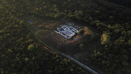 Aerial view of the archaeological site of Rudina in Croatia, peaceful and atmospheric mood.