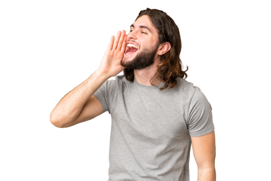 Young handsome man over isolated chroma key background shouting with mouth wide open to the side