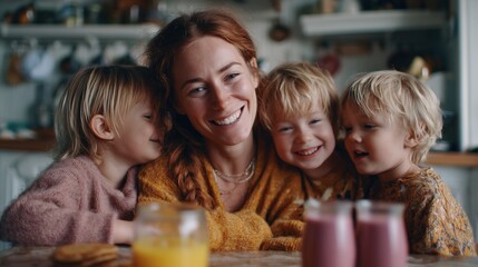 A joyful mother with three children in a cozy kitchen enjoying breakfast together, creating a warm family moment.