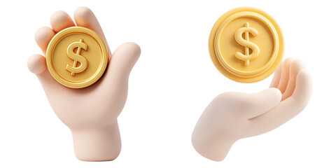 3D cartoon hand holding gold coins with dollar symbol isolated on transparent PNG image ideal for finance, savings, or economy visuals