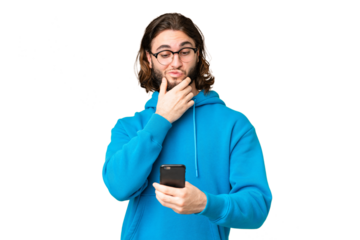 Young handsome man over isolated chroma key background thinking and sending a message