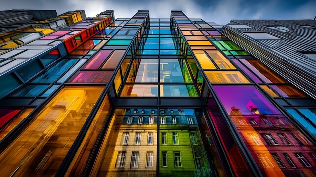 Modern Colorful Glass Skyscraper - Abstract Architectural Facade with Vibrant Reflective Panels - Sleek Steel and Glass Building Against Blue Sky