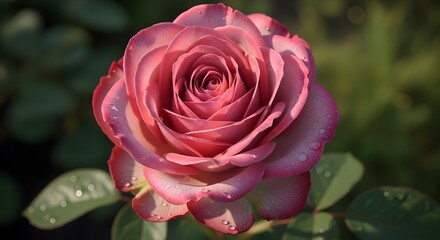 Stunning close-up of a bicolored pink and white rose with morning dew on its petals, blossoming in a vibrant, sunlit garden.