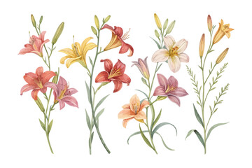set of watercolor Daylily Branch vector illustration isolated on white background