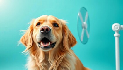 Golden retriever dog, cool breeze, fan, turquoise background, summer heat relief, playful fur,   dog care,  playful