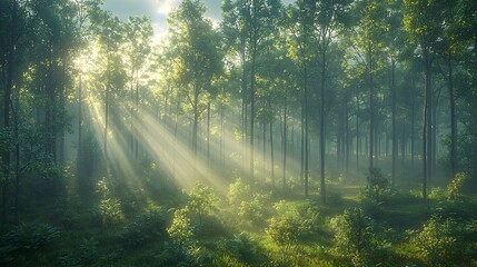 Obraz premium Sunlight streaming through the trees in a dense forest with lush green foliage and a misty atmosphere
