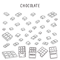 Big and small, whole and pieces of chocolate. World Chocolate Day. Vector illustration in doodle style. Vector