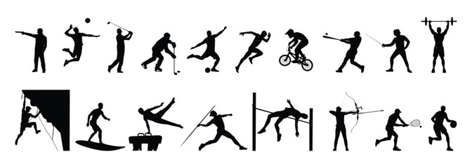 Fototapeta premium Male athlete play different sports disciplines silhouette set vector collection. 