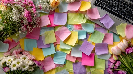 Colorful sticky notes cover a workspace with flowers and a laptop.