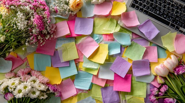 Colorful sticky notes cover a workspace with flowers and a laptop.