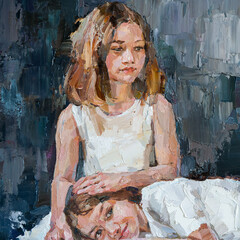 Impressionist oil painting of two girls in white dresses sharing a quiet, affectionate moment.