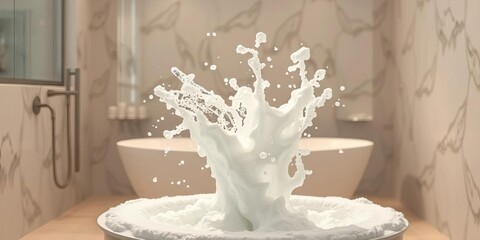Joyful soap foam creation in pristine bathroom, evoking freshness and self-care, rejuvenation, handwash