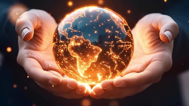 Glowing digital earth globe held hands with illuminated continents and bright network connections symbolizing global technology and glowing network